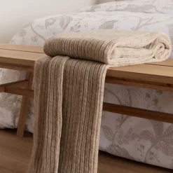 Fashion FOXFORD Cable Knit Beige Merino Bed Blanket