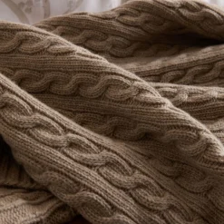 Fashion FOXFORD Cable Knit Beige Merino Bed Blanket