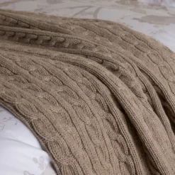 Fashion FOXFORD Cable Knit Beige Merino Bed Blanket
