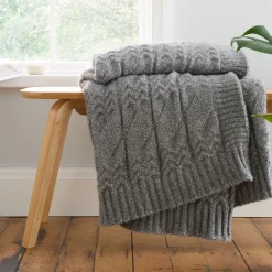 Discount BIANCA Cable Knit Throw Grey