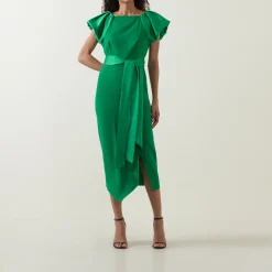 Della Puff-Sleeve Belted Asymmetric Dress