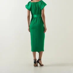 Della Puff-Sleeve Belted Asymmetric Dress
