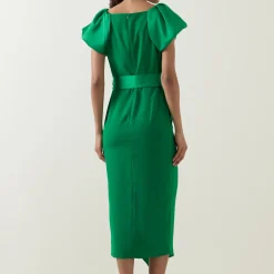Della Puff-Sleeve Belted Asymmetric Dress