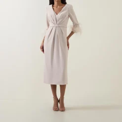 Gathered Feather-Trim Dress