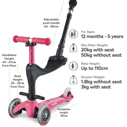 Girls Mini Micro 3in1 Deluxe Push Along Scooter