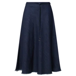 High-Rise Fringed Denim Flared Skirt