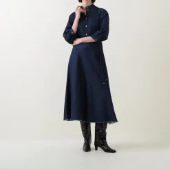 High-Rise Fringed Denim Flared Skirt