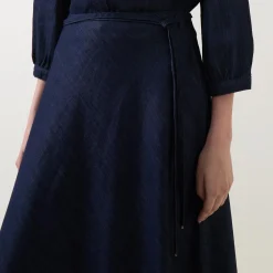 High-Rise Fringed Denim Flared Skirt