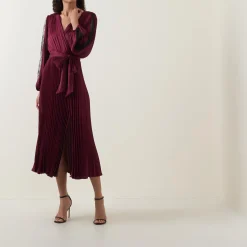 Lace-Sleeve Pleated Wrap Dress