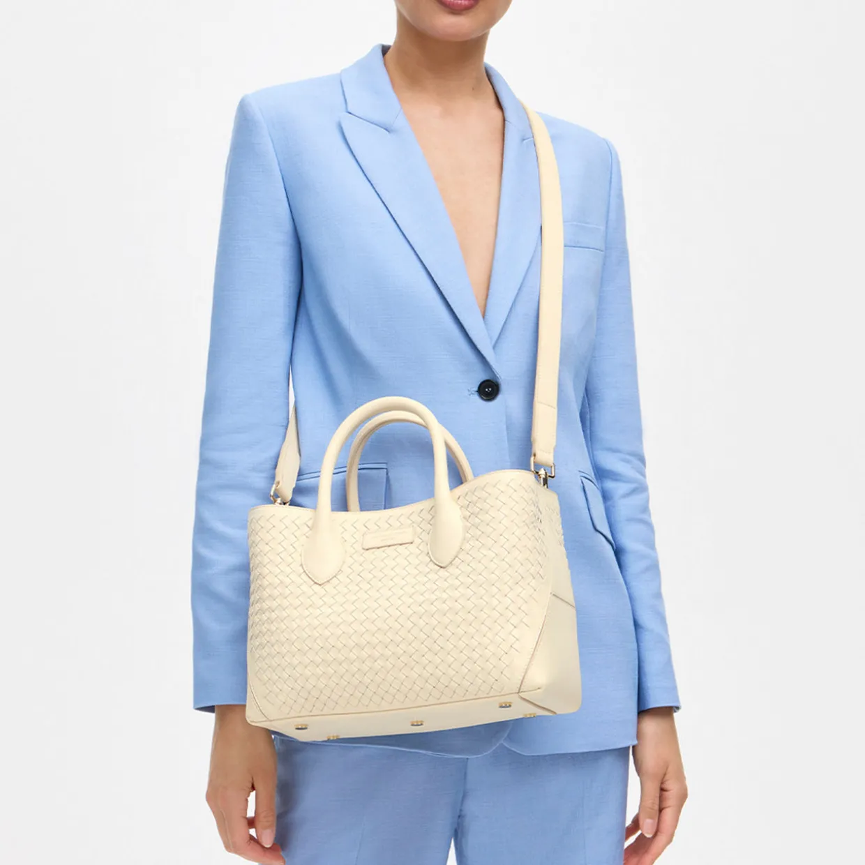 London Midi Woven Leather Tote Bag