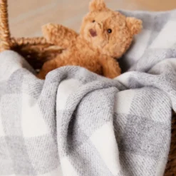 New FOXFORD Pearl Grey Check Lambswool Baby Blanket