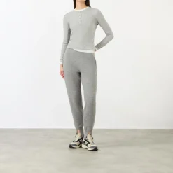 Hot ADANOLA Rib Half-Buttoned Long-Sleeved Top