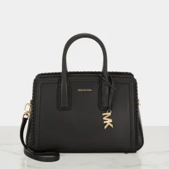 New MICHAEL MICHAEL KORS Small Woven-Trim Leather Satchel