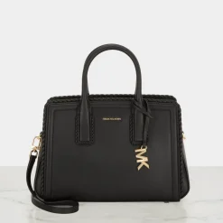 Small Woven-Trim Leather Satchel